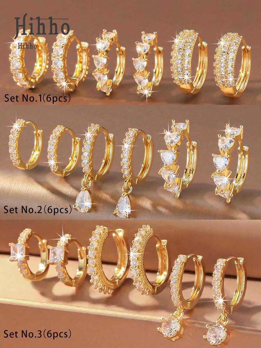 Hihho 6pcs/Set Zirconia Stud Earrings Set, Stud Structure + Full Zirconia Pave + Multi-Style Combination Balancing Simplicity And Decoration. Heart Zirconia + Water Drop Pendant + Plain Hoop Full Zirconia, Strong Luster, Suitable For Daily, Commuting, Light Social Occasions And More - Gold - View 1