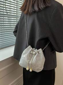 1pc Fashion Solid Color Chain Strap Mini Bucket Crossbody Bag, Silver Rhinestone Elegant Party Style Glossy Pearl Metal Chain - Silver - View 3