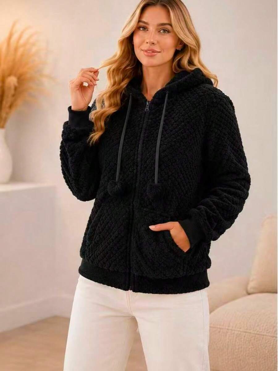 Women's Fleece Sweatshirt With Hood - Black 1 - View 1