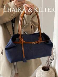 CHAIKA & KILTER 配色大容量手提包，時尚肩帶裝飾單肩包，磁吸開合，適合日常出遊、約會、通勤，女款時尚包 - 藍色 - 查看 7