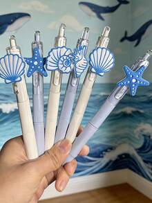 6 Buah Pulpen Ballpoint Bertema Laut, Pulpen Gel Hitam Bergaya Ins dengan Motif Kartun Kerang, Bintang Laut, dan Kuda Laut Berwarna Putih dan Biru Muda yang Lucu, untuk Hari Pertama Sekolah - MultiWarna - View 4
