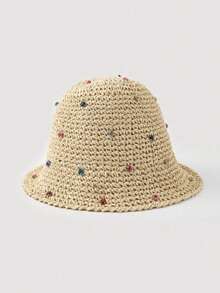 1 buah Topi Jerami Pantai Wanita Berlubang dengan Hiasan Berlian Imitasi, Topi Pantai Pelindung Matahari Musim Semi/Panas, Cocok untuk Liburan, Pemakaian Sehari-hari, Fotografi, dan Berpakaian - Berlian Berwarna 8056 - View 9