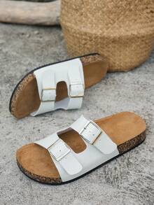 Women's Soft Cork Thick Sole Double Buckle Flat Slippers - White - View 3