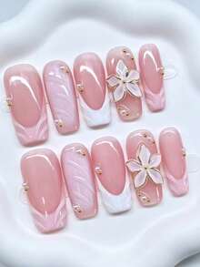 Shecass 10 pièces Faux ongles à coller faits main, longueur courte, convient pour les vacances d'été et la fête de remise des diplômes - Multicolore - Voir 3