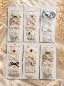 5件組珍珠蝴蝶結髮夾、波點薄紗髮夾、刺繡花朵髮夾，甜美女孩髮飾套組 - 彩色 - 查看 1