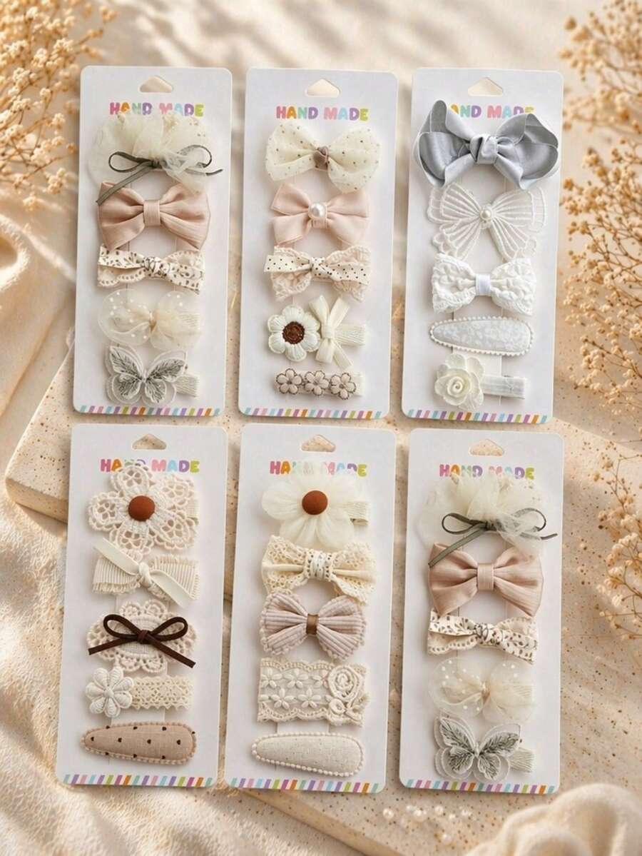5件組珍珠蝴蝶結髮夾、波點薄紗髮夾、刺繡花朵髮夾，甜美女孩髮飾套組 - 彩色 - 查看 1