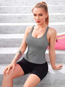 1pc Sports Tank Top With Built-In Bra - Dark Grey - View 7