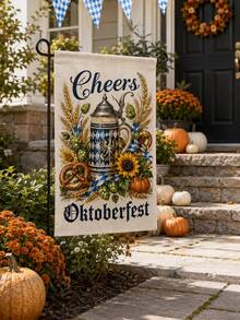 1件裝 Cheers Oktoberfest 亞麻園藝旗，巴伐利亞啤酒杯、蝴蝶酥、啤酒花、小麥、向日葵與南瓜印花戶外庭院旗，適用於門廊、草坪、露台、花園、德國啤酒節、秋季派對與農舍裝飾 - 多色2 - 查看 10