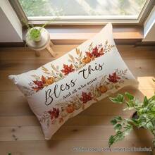 1 pieza Funda de almohada con patrón de texto "Bendice esto y a todos los que entren" con calabaza de otoño y hoja de arce, material de terciopelo de piel de durazno amigable con la piel, impresión de un solo lado 30*50/40*60cm, adecuada para sala de estar, dormitorio, sofá, decoración del hogar, funda de cojín, regalo festivo, sin relleno de almohada - Multicolor - Ver 4