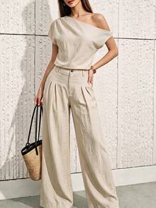 Fall Women High Waist Pleated Linen Blend Wide Leg Pants, Button Zip Solid Casual Trousers With Pockets - Apricot - View 7