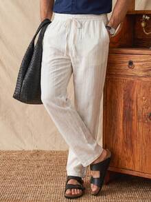 glestore Men's Vintage Style Casual Striped Linen Texture Long Pants, Suitable For Commuting, Leisure And Vacation, All Seasons - White - View 6