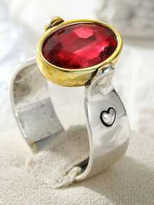 Bohemian Handmade Dual-Tone Ring, Large Oval Red Ring, Heart-Shaped Carved Wide Band Ring, Unique Fashion Accessory Anniversary Holiday Gift For Her - Silver - View 10