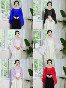 1件女款夏季披肩，淺紫色、粉色、皇家藍、黑色、白色、紅色新娘披肩，夏季防曬透氣披肩，新娘伴娘裝飾披肩，雪紡披肩，婚紗薄紗披肩，大尺碼披肩，適用於婚禮、宴會、表演、派對、攝影道具、Cosplay裝飾裙、度假穿搭配件、婚紗拖尾裙、新娘極簡婚紗、年會主持、秀場風格、套頭披肩，搭配夏季洋裝、背心外搭披肩、洋裝搭配配件披肩 - 彩色 - 查看 9