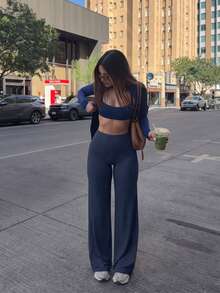 女款素色瑜珈長版寬鬆寬腿褲，舒適顯瘦，適合跑步、健身與瑜珈的多功能長褲 - 藏蓝色 - 查看 9