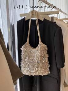 Silver Mixed Sequin Mesh Shoulder Bag With Thin Double Shoulder Straps, Featuring Asymmetrical Large Round Sequin Patchwork. Shiny Reflective Sequins Sparkle Under Light, Compact Capacity Can Hold Lipstick, Earphones And Coins, Sweet And Sparkling Design Is Ideal For Nightclub, Dinner Date And Party Outfits. - Beige - View 4