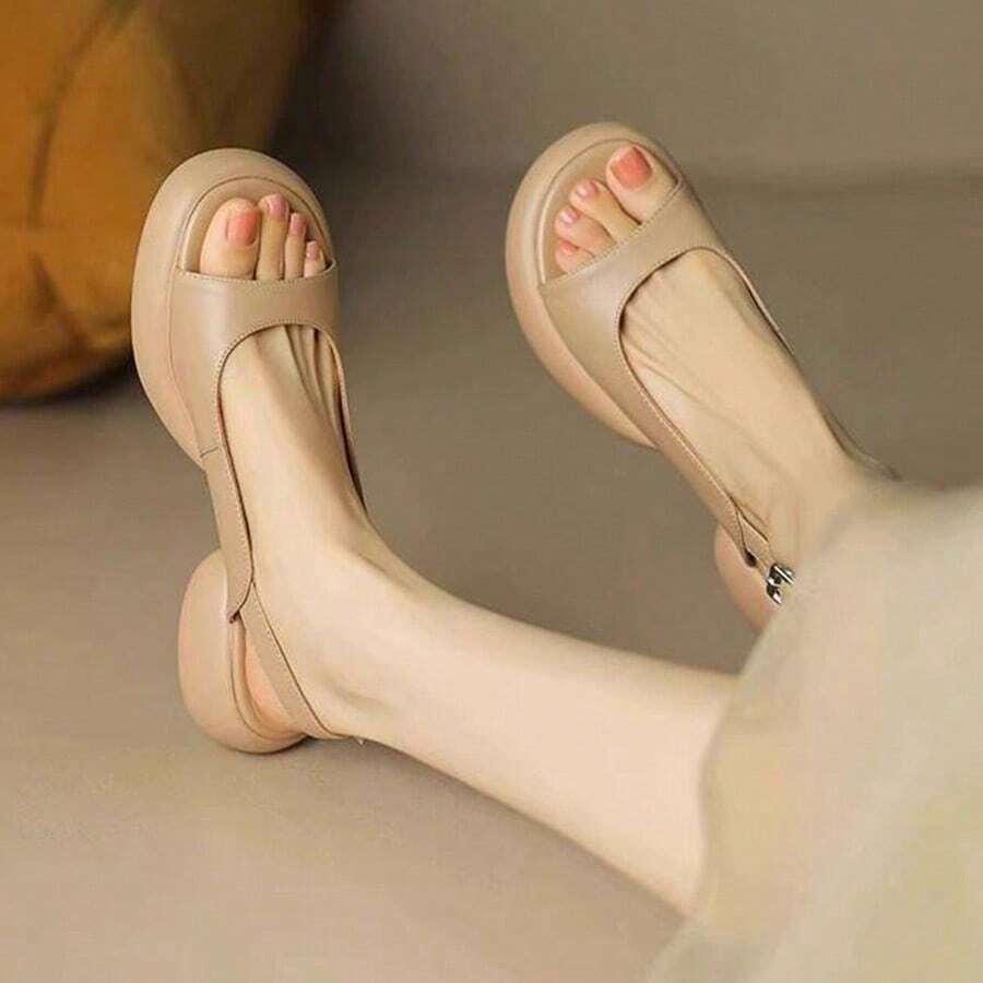 Las mujeres de tacón grueso sandalias de fondo grueso sandalias casuales cabeza redonda dedo abierto sandalias femeninas cuatro temporadas nuevos tacones altos Roma zapatos de mujer - Albaricoque - Ver 1