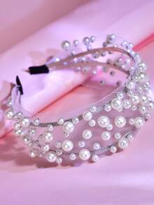 1pc Elegant Pearl Headband Fashion Mesh Hollow Wide Band Minimalist Headband Suitable For Bride Wedding Engagement Festival Party Gathering Celebration Evening Banquet Casual Daily Women Hair Accessory - Multicolor - View 11