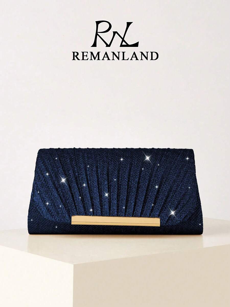 REMANLAND 奢華迷人海軍藍斜紋壓褶手拿包,凸顯精緻3D壓褶紋理,飾以鍍金金屬框架,散發溫暖優雅氣息,是雞尾酒會、社交聚會與慶典的時尚伴侶,展現優雅與高貴,送給女性的最佳禮物 - 藏蓝色 - 查看 1