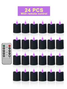 6/12/24pcs Fairy Lights Candle Set With Remote Control, Timer/Remote Function, Battery Operated Flameless Candles, Black Cup Candles, Wish Candles, Mini Candles For Table Centerpiece Decoration, Suitable For Home, Halloween, Christmas, Valentine's Day, Birthday, Gift, Proposal, Wedding, Party, Various Holiday Atmosphere Lighting - Black-purple Light - View 12