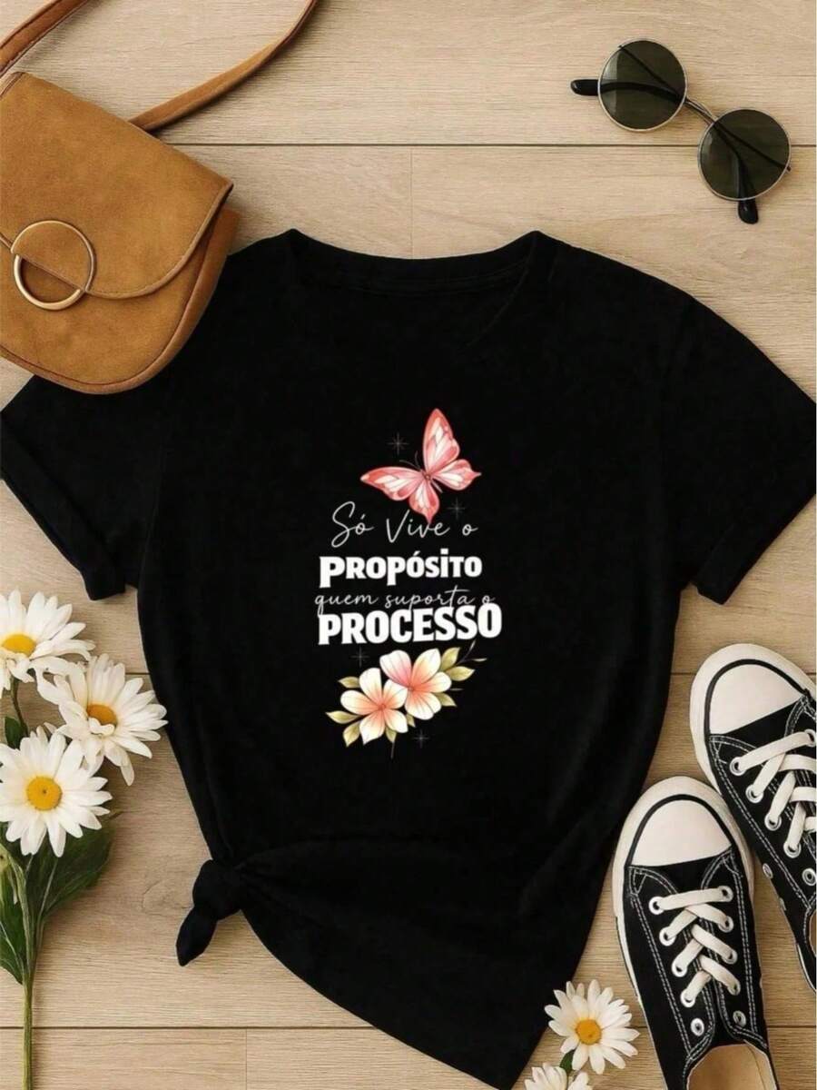 Blusa – Cotton Polyester Polyester y Poliéster, Estampado de Mariposas con Frase Motivacional – Cómoda y Elegante - Negro - Ver 1