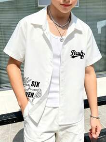 1件青少年男孩極簡休閒短袖襯衫，印花設計，日常休閒風格，夏季新品上市 - 白色 - 查看 1