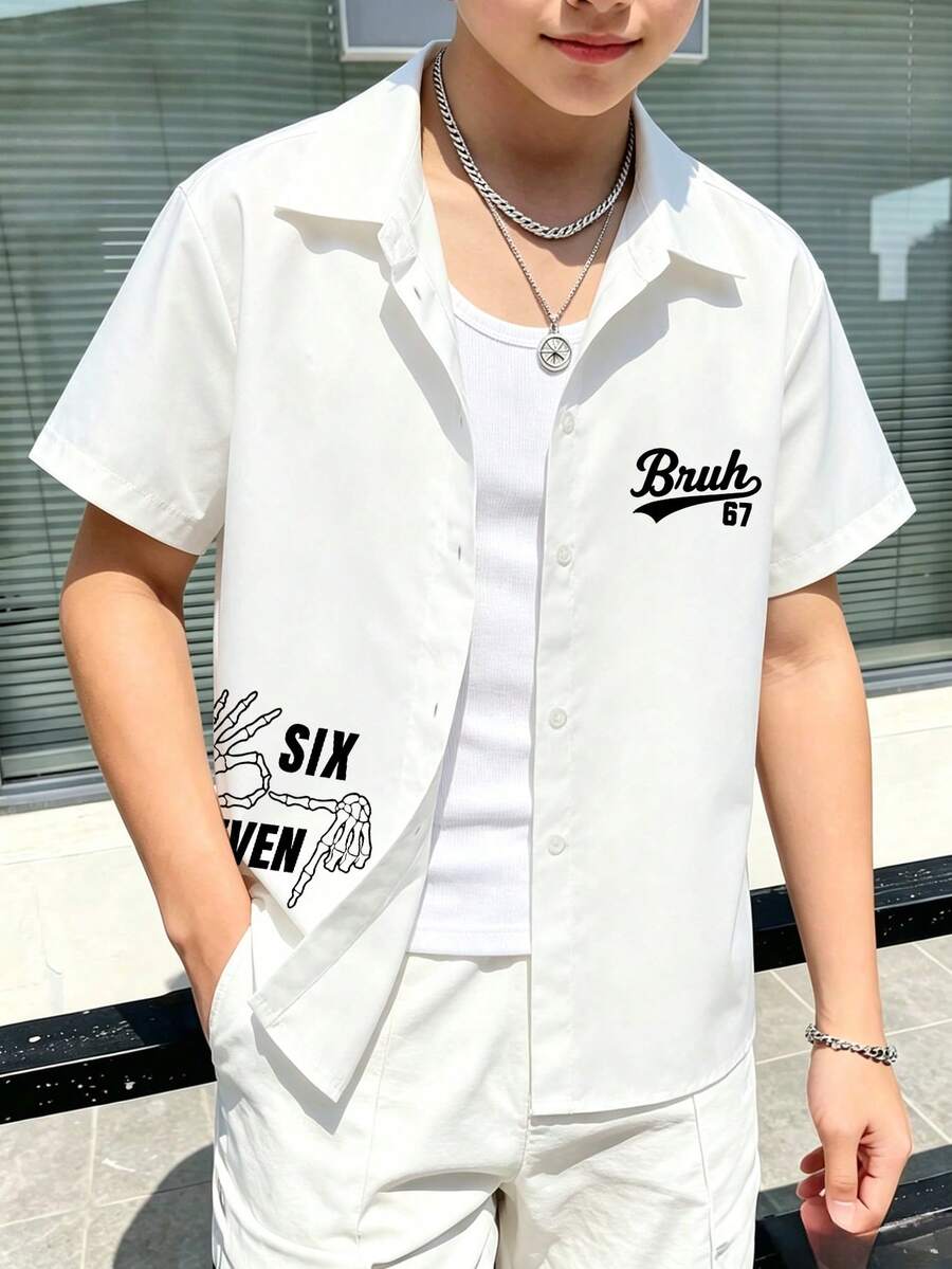1件青少年男孩極簡休閒短袖襯衫，印花設計，日常休閒風格，夏季新品上市 - 白色 - 查看 1