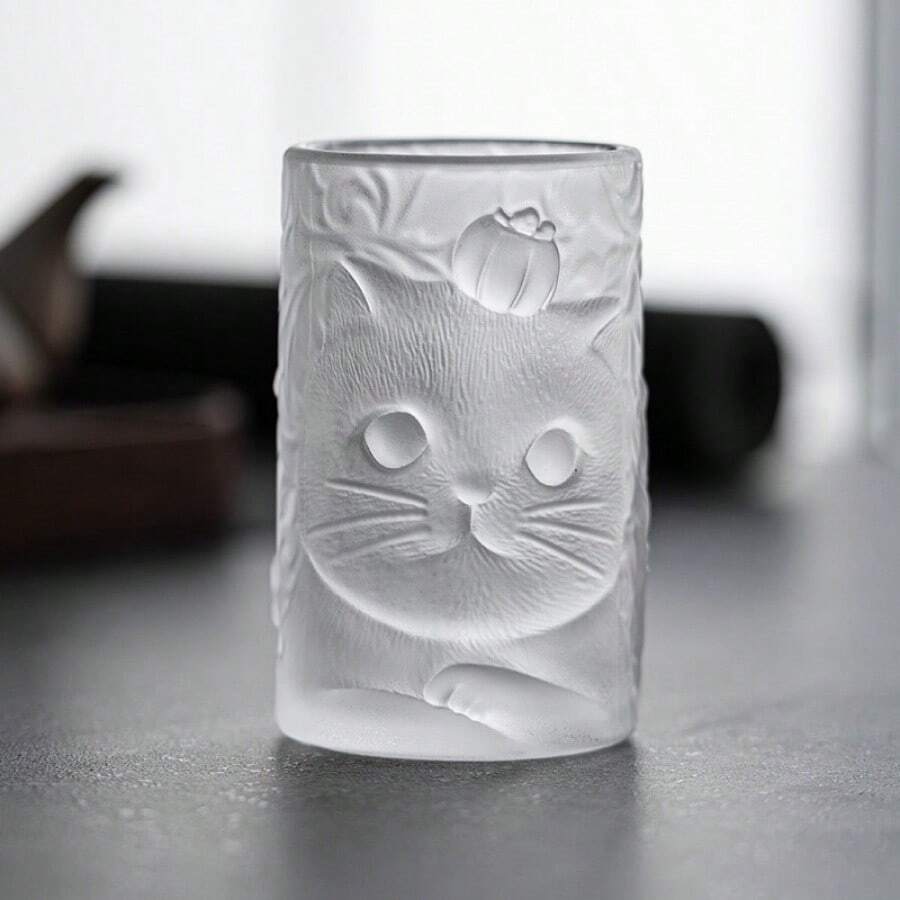 Cute Cat & Persimmon Pattern Glass Cup, Creative Personalized Kung Fu Tea Cup For Home Use - Transparent - View 1