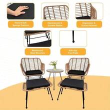 5pcs Rattan Patio Furniture Set With Glass Table Modern Garden Bistro Set With Cushions, Lounge Chairs And Ottomans For Balcony, Backyard, Outdoor Tea Time, Black Cushion, Rust-Resistant Frame - Grey - View 3