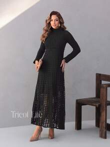 Vestido Feminino Midi em Tricot Rendado Efeito Crochê Manga Longa Gola Alta com Forro Elegante para Festa Casamento Formatura e Eventos - Preto - Visão 8