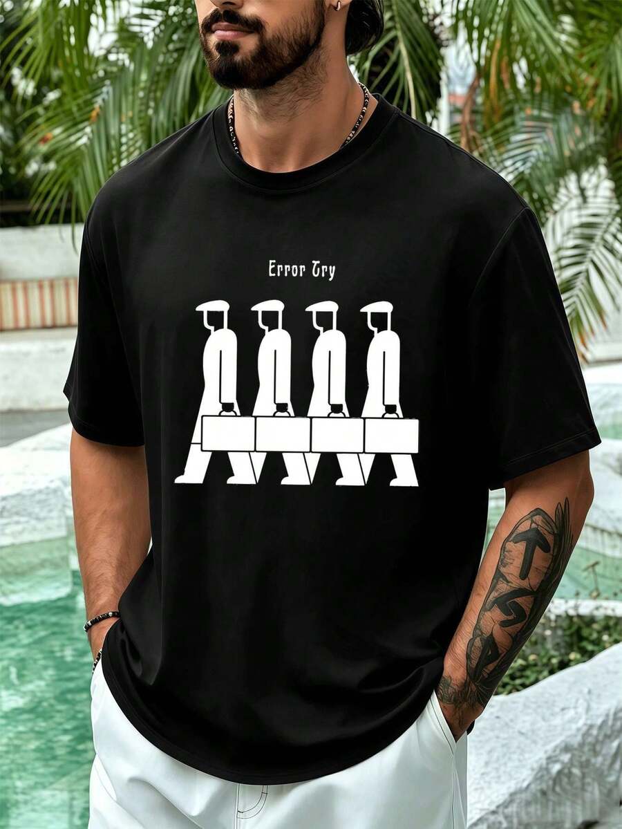 Error Try Graphic Herren T-Shirt, schwarz, Rundhalsausschnitt, lockere Passform, Street Hip-Hop, Relaxed Fit, einzigartiger Grafikdruck - Schwarz - Übersicht 1