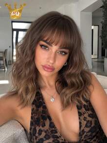 14 Inch Ombre Chestnut Brown Ombre Ash Blonde Wavy Bob Synthetic Wig With Bangs, Heat Resistant High Temperature Fiber Natural Looking For Women Daily Dating Party - Multicolor - View 1