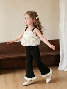 2pcs/Set Girls Summer Back To School Outfit, 4-7 Years Old, Apricot Fashionable Cute Chiffon 3D Floral Short Doll-Style Camisole Top With Elastic Waist, Black Flared Long Pants With Ruffle Hem, Comfortable Soft Casual Commute, Suitable For Spring/Summer Outings, Can Be Given As A Gift - Black - View 1