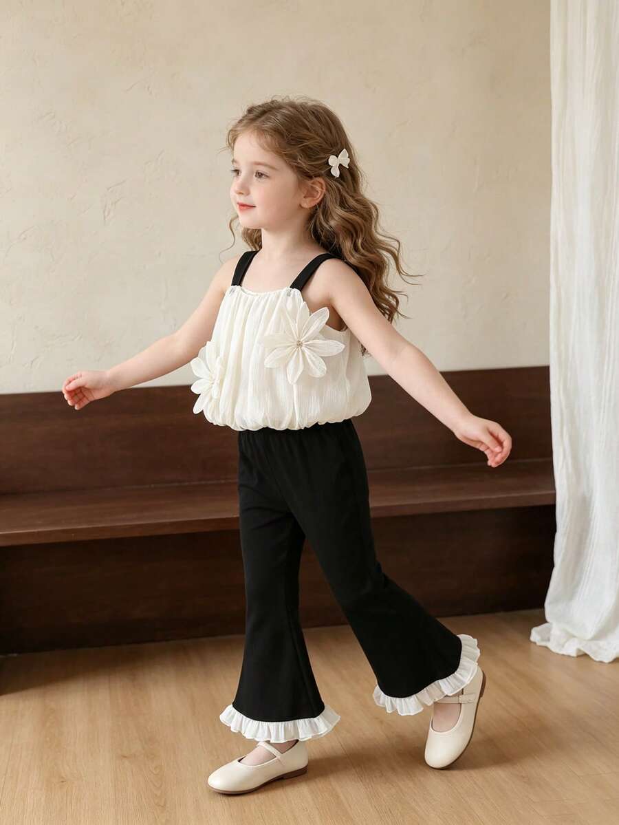 2pcs/Set Girls Summer Back To School Outfit, 4-7 Years Old, Apricot Fashionable Cute Chiffon 3D Floral Short Doll-Style Camisole Top With Elastic Waist, Black Flared Long Pants With Ruffle Hem, Comfortable Soft Casual Commute, Suitable For Spring/Summer Outings, Can Be Given As A Gift - Black - View 1