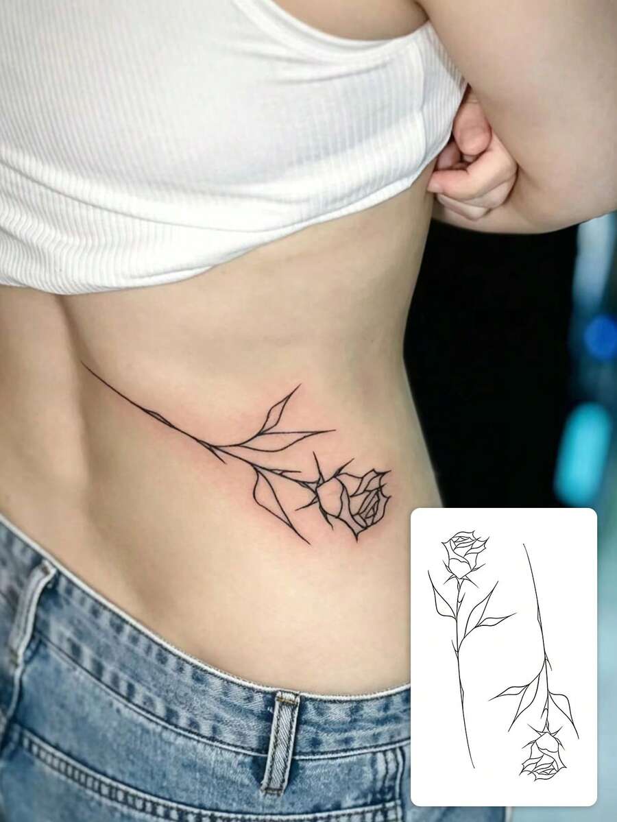 1 Sheet Single Line Rose Temporary Tattoo Sticker, Waterproof Long-Lasting Minimalist Outline Flower Fake Tattoo, Body Art Decal For Women Waist Rib Hip Side Back - Black - View 1
