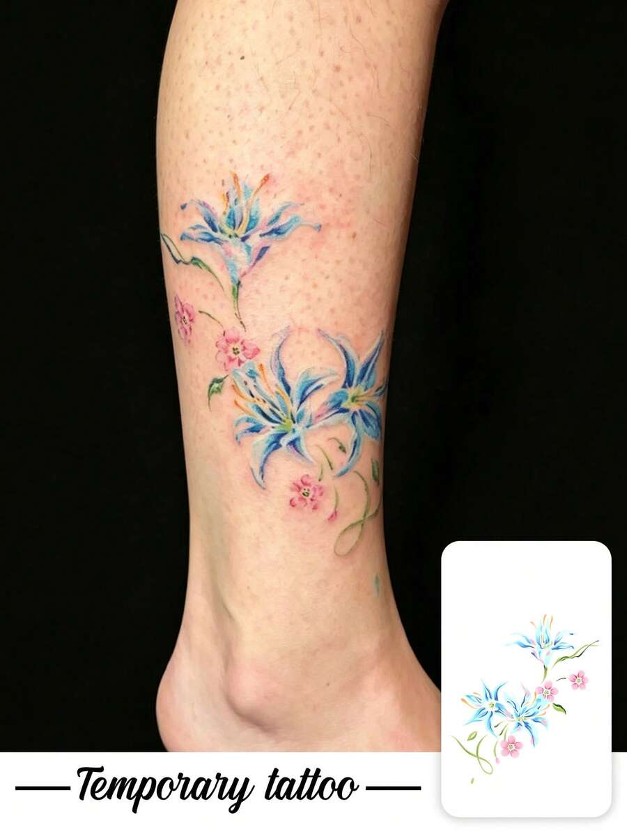 1件清新水彩藍百合粉色小花藤蔓溫柔花卉圖案臨時紋身貼紙，逼真假紋身設計，適合日常、單身派對伴手禮、音樂節、遊戲、畢業禮物，可維持3-5天 - 彩色 - 查看 1