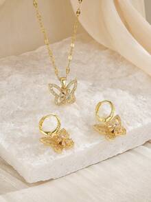 1 Peça Colar Feminino de Aço Inoxidável com Borboleta Oca e Zircônia Cintilante, 1 Par de Brincos Femininos de Aço Inoxidável com Borboleta Oca e Strass Cintilante, Colar Dourado, Joias de Aço Inoxidável, Joias Douradas, Verão, Praia, Joias de Férias, Charme, Orgulho, Joias Ocidentais, Presente para Mulheres, Presente, Presente de Aniversário - Ouro amarelo - Visão 7
