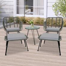 5pcs Rattan Patio Furniture Set With Glass Table Modern Garden Bistro Set With Cushions, Lounge Chairs And Ottomans For Balcony, Backyard, Outdoor Tea Time, Black Cushion, Rust-Resistant Frame - Grey - View 6
