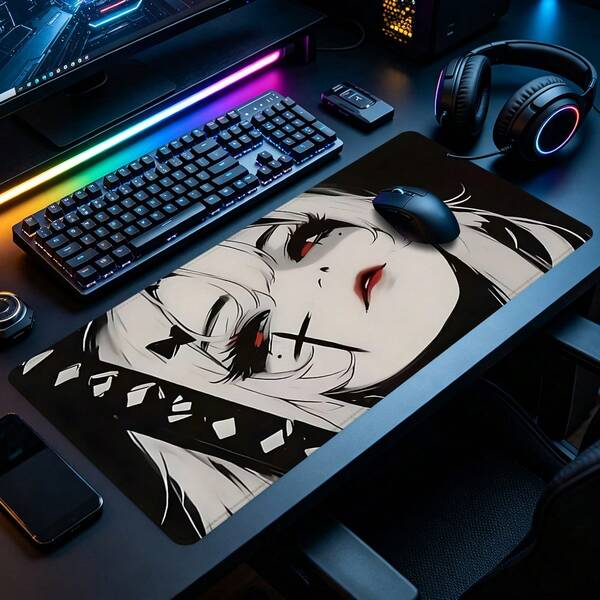 Anime Girl Large Gaming Mouse Pad, Dark Red Eye Manga Design Extended XXL Desk Mat With Stitched Edge & Non-Slip Rubber Base, Suitable For Gaming Rooms, Home Offices & Bedroom Desks, Perfect For Gamers And Anime Collectors