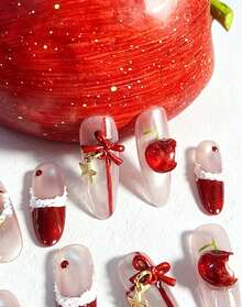 10 Pcs Handmade Press-On Nails Set – Elegant Red & Nude Nail Art | 3D Apple & Bow Detail | Reusable Medium Almond False Nails With Storage Box & Tools | Perfect For Party, Holiday & Daily Wear Gift Set - "Crimson Wish" - 查看 3