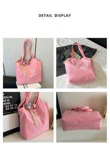 SANRIO Hello Kitty Pink Corduroy Tote Bag With Embroidery & Red Gingham Lining, Secure Toggle Closure. Roomy For Books, Wallet & Daily Essentials, Soft Durable Fabric. Plush Charm Not Included, Ideal For School, Work, Shopping & Gifting.,Back To School - Baby Pink - View 5