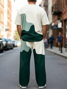 Men's Autumn/Winter Fashion Versatile Colorblock Wavy Wide Leg Pants & Short Sleeve Top Set - Multicolor - View 2