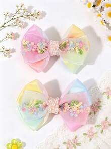 2件組馬卡龍漸層網紗蝴蝶結髮夾，優雅緞帶刺繡蝴蝶結，清新可愛公主裝扮髮飾，節日禮物，甜美兒童蝴蝶結 - 彩色 - 查看 1