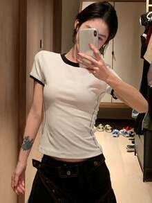 Women's Colorblock Round Neck Short Sleeve T-Shirt, Korean Style Slim Fit Cropped Top, Versatile Commuter Summer Top White - White - View 5