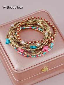 9pcs CCB Colorful Rice Bead Cross Beaded Multi-Layer Bracelet Set, Suitable For Women's Daily Wear, Dating, Music Festival, Party Layering - Multicolor - View 6