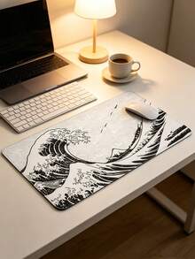Black White Ukiyo-E Wave Print Extra Large Gaming Mouse Pad, Waterproof Smooth Surface Non Slip Rubber Desk Keyboard Mat For PC Gamer Office Bedroom Table Decor - Multicolor - View 3