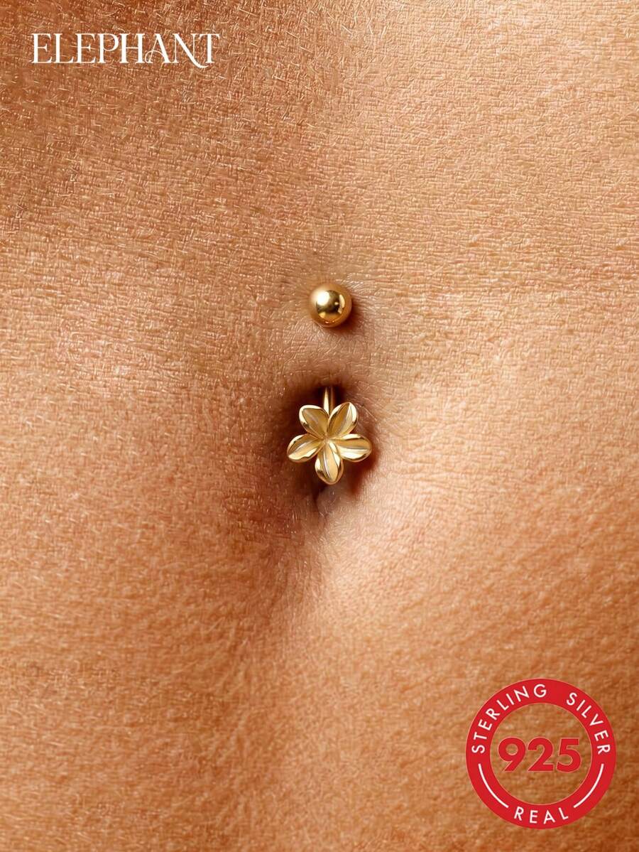 1pc S925 Sterling Silver 20G Polished Five-Petal Flower Belly Button Stud, 14K Gold Plated, Unisex Piercing Jewelry, Suitable For Daily Wear - Multicolor - View 1
