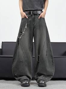 Infinite Jeans 1件裝 男士日系丹寧牛仔褲，彎腿設計，街頭復古做舊拼接寬腿褲，水洗破洞休閒寬鬆長褲（產品不含腰帶與配件） - 灰色 - 查看 5