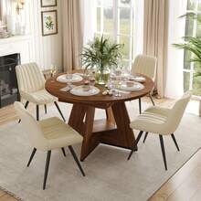 Nalupatio 47.24"-63" Extendable Round To Oval Dining Table Set For 4, Expandable Kitchen Table With 4 Upholstered Chairs, Hidden Storage Shelf, Space Saving Dining Room Furniture, Walnut Table & Beige Chairs - Walnut Table & Beige Chairs - View 1