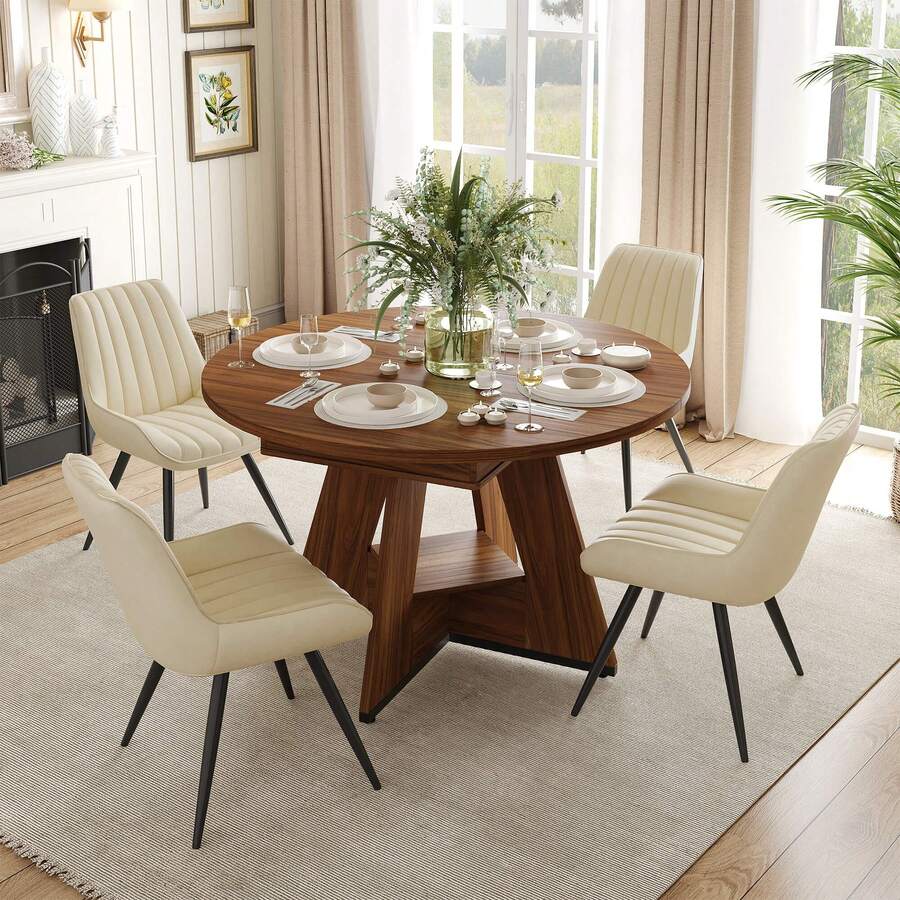 Nalupatio 47.24"-63" Extendable Round To Oval Dining Table Set For 4, Expandable Kitchen Table With 4 Upholstered Chairs, Hidden Storage Shelf, Space Saving Dining Room Furniture, Walnut Table & Beige Chairs - Walnut Table & Beige Chairs - View 1