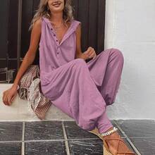 Enterizo sin mangas con capucha, cierre frontal de botones y pantalón de tiro bajo para mujer - Verde militar - Ver 3